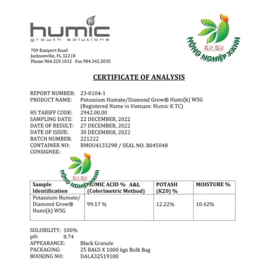 COA tiêu chuẩn Humic USA